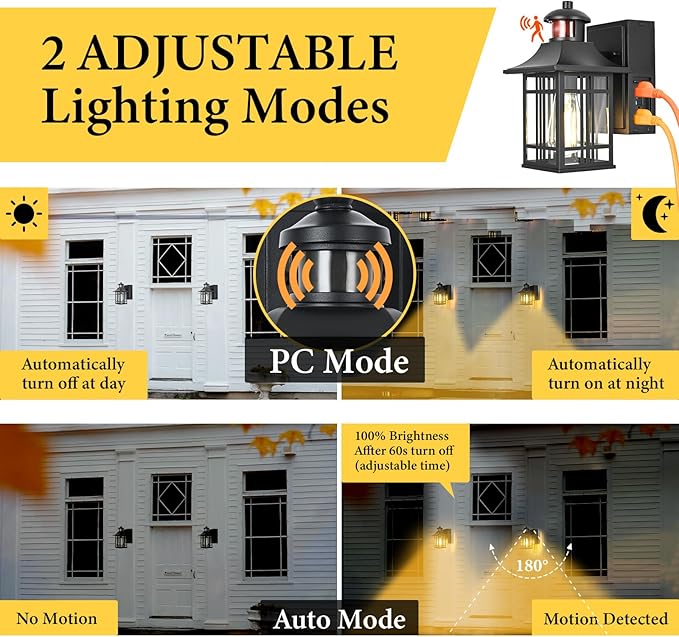 Motion Sensor Porch Light with Outlet, Outdoor Wall Lights Exterior Dawn to Dusk Outdoor Light Fixture with Outlet for House Patio Garage