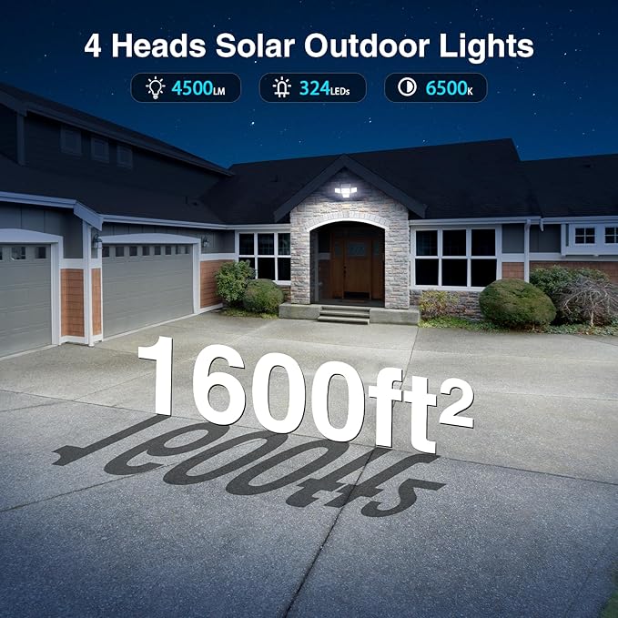 4500LM Solar Lights Outdoor Waterproof, 254 LED Solar Flood Lights Outdoor with 2 Motion Sensor, 4 Heads Security Light with Remote Control for Yard Outside House Garage 1 Pack