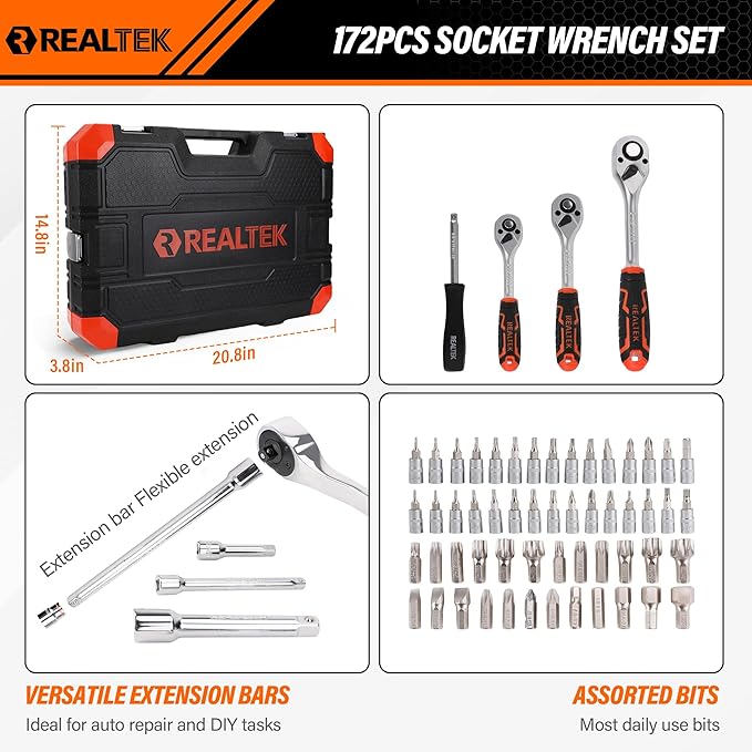 1/4" Socket Ratchet Wrench Screwdriver Set, 172PCS CR-V Metric Wrench Set with Extension Bar, Quick-Release Ratchet Wrench with Bit Socket Set for Auto Repairing, Household with Durable Tool Case