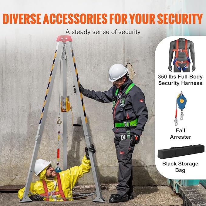 VEVOR Confined Space Tripod Kit w/1200 lbs Winch, Confined Space Tripod 7' Legs and 98' Cable, Confined Space Rescue Tripod 33 Fall Protection, Harness, Storage Bag for Traditional Confined Spaces