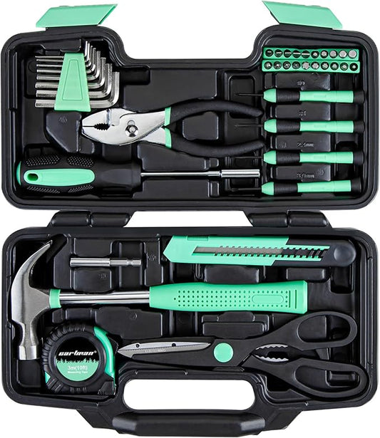 CARTMAN 39-Piece Home Tool Set Kit, Essential Household Hand Tools with Plastic Storage Case, Green