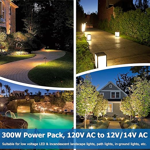 SUNVIE 300W Low Voltage Transformer for Landscape Lighting with Timer and Photocell Sensor Waterproof Power Supply for Landscape Lights Path Lights Outdoor Spotlight 120V AC to 12V /14V AC(ETL Listed)