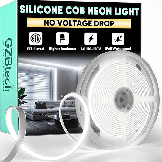 GZBtech Silicone COB Neon Rope Lights 16.4FT/5M, 6000K Super Bright Cold White Waterproof Neon Strip Light, AC 110-120V Flexible Soft Cuttable Tape Rope Lighting for Indoor Outdoor Home Commercial