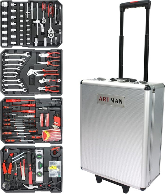 Aluminum Trolley Case Tool Set, Hand Tool Box with 4 Layers of Toolset and Wheels, Portable Tool Box for Home/Auto Repair for Men (White)