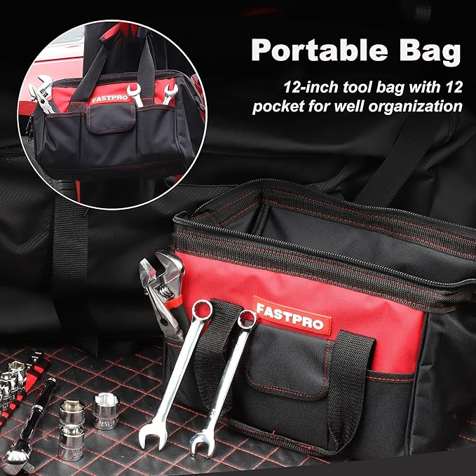 FASTPRO 236-Piece Home Repairing Tool Set, Mechanics Hand Tool Kit with 12-Inch Wide Mouth Open Storage Bag, Household Tool Set for DIY, Home Maintenance, Red
