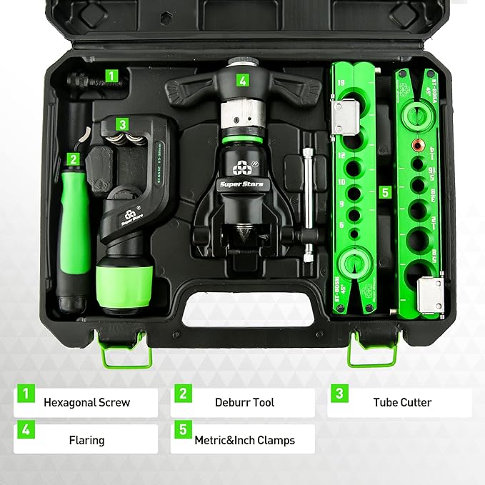 Super Stars Cordless Drill Type Flaring Tool Kit 1/4"-3/4" Single Flare Tool 45° Eccentric HVAC Air Condition Refrigeration Tool