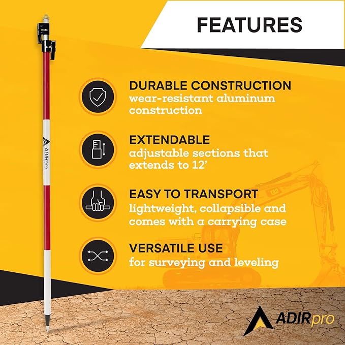 AdirPro Aluminum Prism Pole - Telescopic 12’ (3.7m) - Adjustable Tip – Quick Release Clamp - Metric Graduation - Strong & Lightweight GPS Pole - for Use with Prisms - Rover Rod - GNSS Instruments