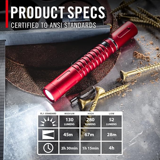 COAST XT10R 280 Lumen USB-C Rechargeable Pocket Flashlight/Penlight with TWIST FOCUS and Two-Way Clip, 3 Bite Caps included, Pocket Size for EDC, Work and Emergencies, RED