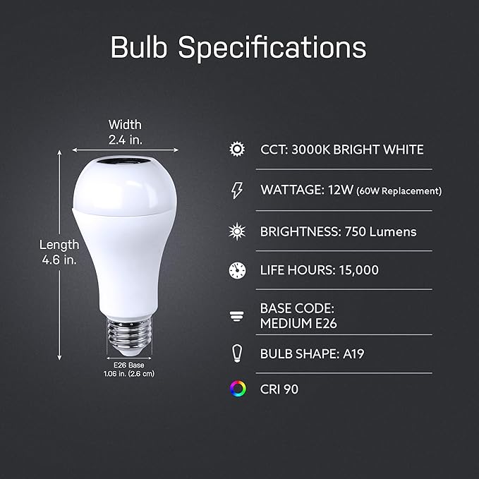 Feit Electric A19 LED Speaker Light Bulb, 60W Equivalent Built-in Speaker IntelliBulb, E26 Medium Base, 750 Lumens, 3000K Bright White - BTOM60830LEDI