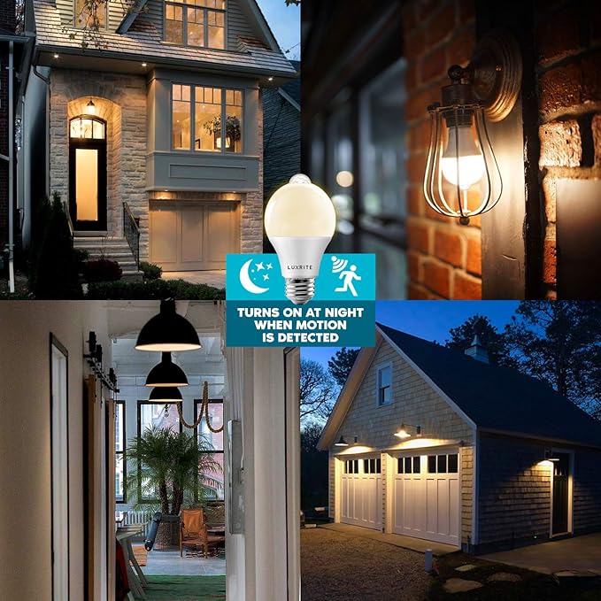 LUXRITE A19 LED Motion Sensor Light Bulbs, 60W Equivalent, Motion Activated Dusk to Dawn Sensor, 3000K Soft White, 800 Lumens, Security Light Bulb, Indoor/Outdoor, UL Listed, E26 Base (6 Pack)