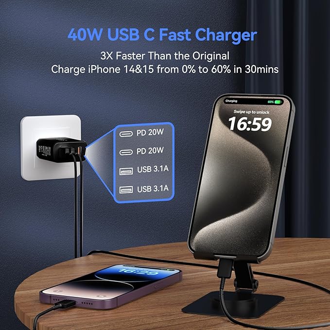 USB C Wall Fast Charger Block, 40W 4-Port Type C Chargers Fast Charging Blocks PD Power Charger Adapter+QC 3.0 USB Multiport Charger Brick for Phone 17/16/15/14/13/12 Pro Max, i-Pad, Galaxy S25-2Pack