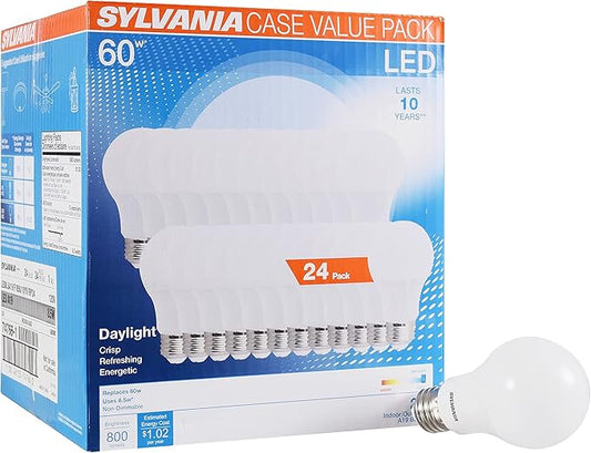 SYLVANIA LED A19 Light Bulb, 60W Equivalent, Efficient 8.5, 10 Year, W, 5000K, 800 Lumens, Frosted, Daylight - 24 Count (Pack of 1)