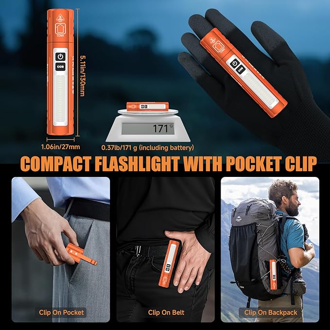 Rechargeable Tactical Flashlights High Lumens - Super Bright Small Powerful LED Magnetic USB C Flashlight, 8 Modes, Dual Button Waterproof Pocket Flash Light for Emergency, Car (1, Orange)