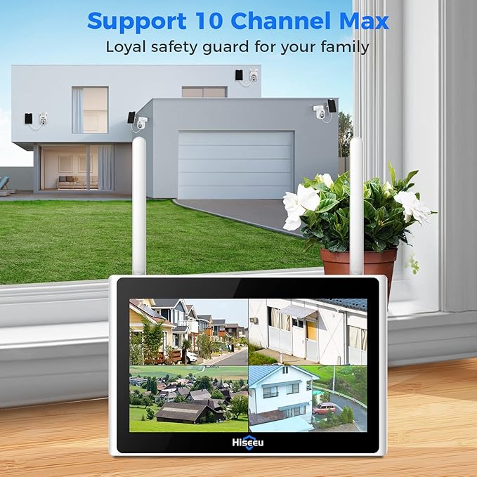 Hiseeu Solar Security Camera Outdoor, 4PCS 4MP Wireless Security Camera System with 10in LCD, 2-Way Audio, PT 360°, Night Vision, Motion Detection, 2.4G WiFi, No Subscription fee