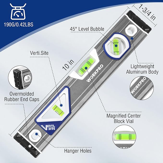 WORKPRO 10 Inch Torpedo Level, Small leveler tool with 3 Different Bubbles 45°/90°/180°, bubble level With Shock Absorbing End Caps, V-Groove for Conduit Bending, Silver/White/Blue
