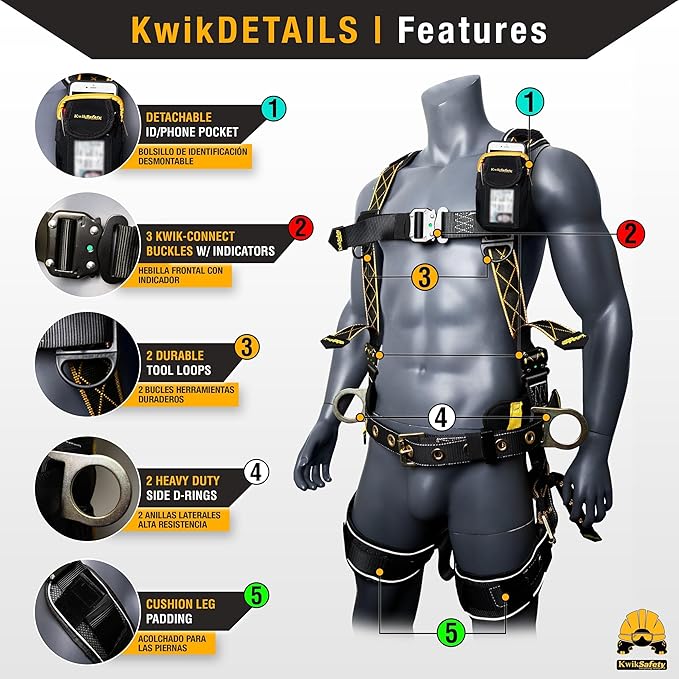 KwikSafety - TYPHOON Safety Harness [3 D-RINGS + BACK SUPPORT] Safety Harness Fall Protection Kit, 2025 ANSI Compliant