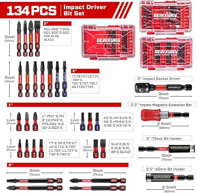 134Pieces Impact Screwdriver Bits Set, Magnetic S2 Steel 1”/2”/3” Phillips/Square/Torx/Slotted/Hex/Pozi Bits Tips and Impact Bit Holder with Red Storage Box Case