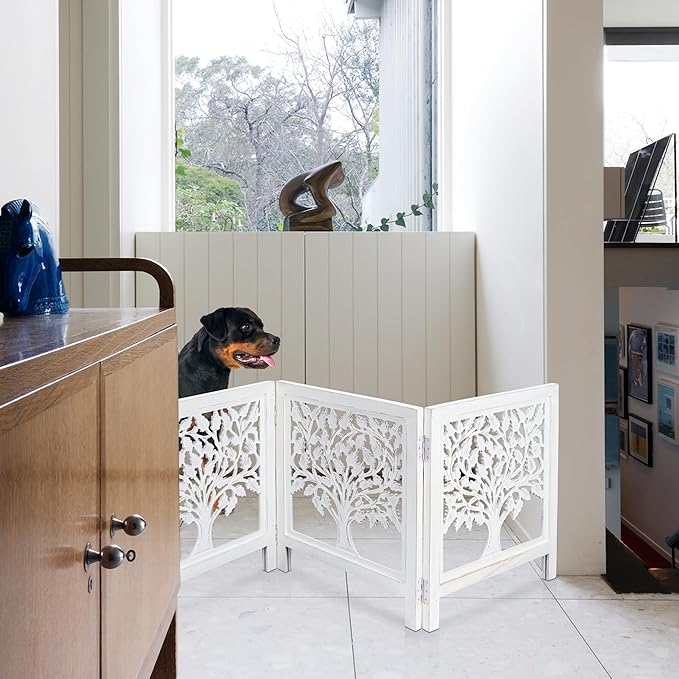 Foldable Wooden Dog Gate 3 Panel 24" Height x 60" Wide Tree Design, Free Standing Pet Fence for Doorways, Indoor Decorative Dog Gate for House, Extra Wide White Puppy Barrier,Pre-Assembled, Easy Setup