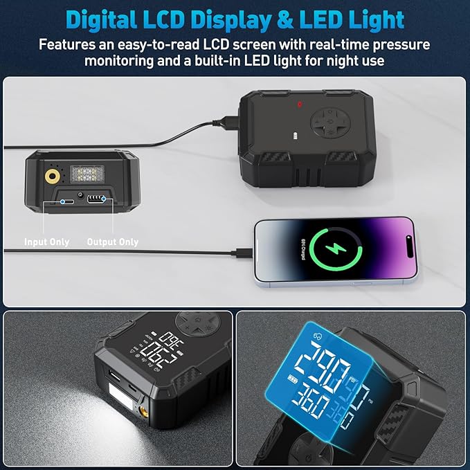 Tire Inflator Portable Air Compressor – Wireless & 12V Dual Power, Auto Shut-Off, Digital Display, Fast Inflation & LED Light, for Car, Bike, Sports & Travel