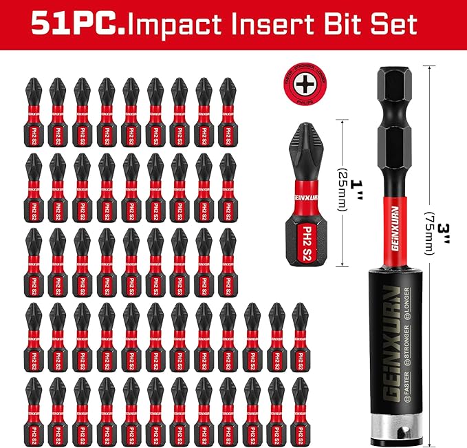 51Pack PH2 1 Inches Impact Tough Anti-Slip Screwdriver Bits, #2 Phillips 1/4 Inch Hex Shank Magnetic Tips Cross Screwdriver Bits Set with 1Pcs Impact Bit Holder,Bulk