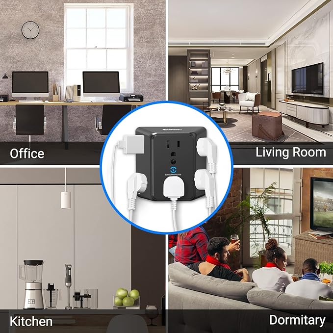 Multi Plug 6 Outlet Extender, Unidapt Black Surge Protector Wall Splitter, 1800J Power Strip 3 Side Wide Spaced Adapter Multiple Charger Expander, Mountable Wall Tap for Office Home Travel ETL Listed