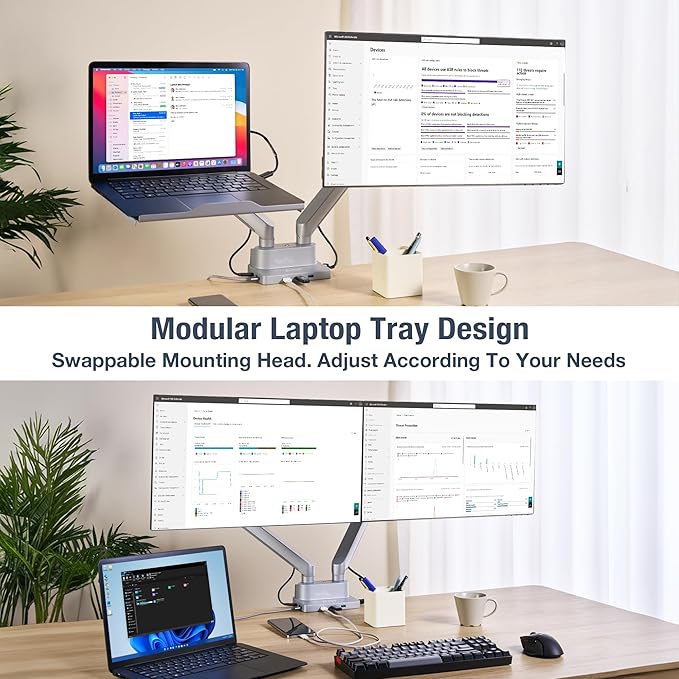 AVLT Dual 17”-38" Monitor Arm Desk Mount with 17" Laptop Tray and USB-C Docking Station, HDMI 4K60Hz, USB-A 5Gbps, Ethernet, 100W PD, Fits Two Flat/Curved Monitor - Gray