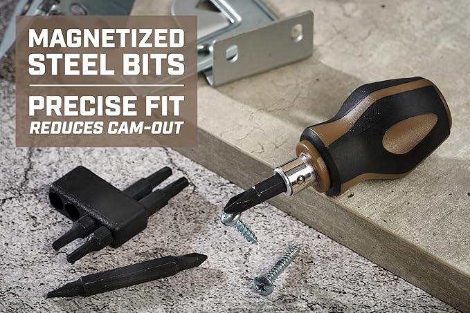 Spec Ops Tools Stubby Screwdriver, 9-in-1, Includes 4 Double-Sided S2 Steel Bits, Magnetic, 3% Donated to Veterans Black/Brown