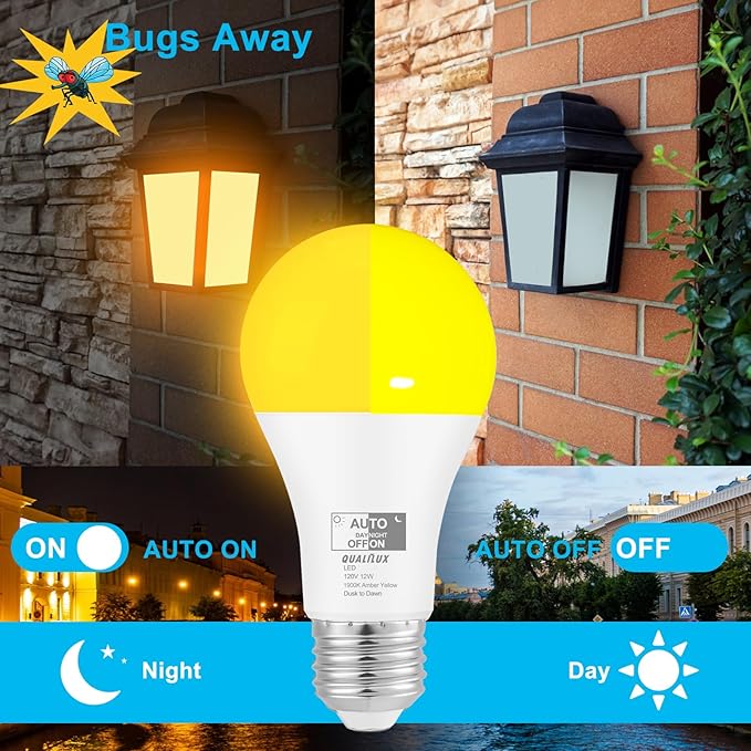 Dusk to Dawn Bug Light Bulbs Outdoor, 1900K Amber Yellow, 800 Lumen, LED 12W, A19 E26, 2-Pack, HQ-H019