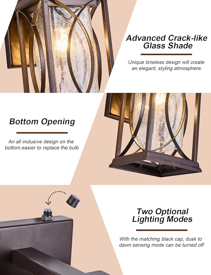 Oil Rubbed Bronze Porch Light Dusk to Dawn Outdoor Wall Lantern Small Modern Exterior Light Fixture Aluminum with Crack-Like Glass IP65 Waterproof Outdoor Sconce Outside Light for House, Front Door
