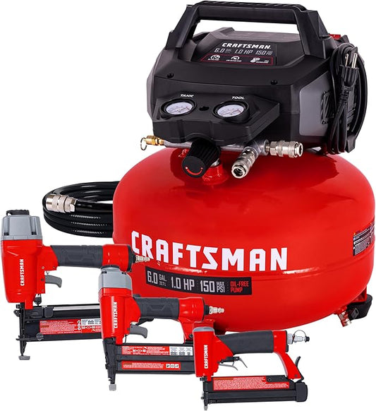 Craftsman 6-Gallon Pancake Air Compressor 4-Tool Combo Kit, 150 PSI, Oil-Free, Includes 16GA Finish Nailer, 18GA Brad Nailer, 23GA Pin Nailer & 25-Ft Air Hose, Model CMXECXA0210641K