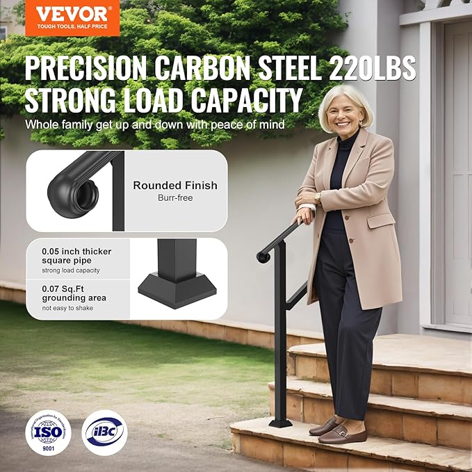 VEVOR Handrails for Outdoor Steps, 2-3 Step Stair Hand Rail & Indoor Railing Kit, Railings for Outside Steps with Installation Kit, Hand Rails for Seniors,Porch Railing & Deck Hand Rail, Black