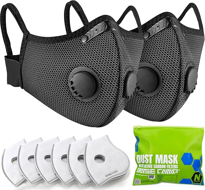 BASE CAMP Upgrade M Plus Mesh Silver and Black Dust Mask, Breathable Reusable Dust Face Mask with Valves and 6 Activated Carbon Filters (2 Silver)