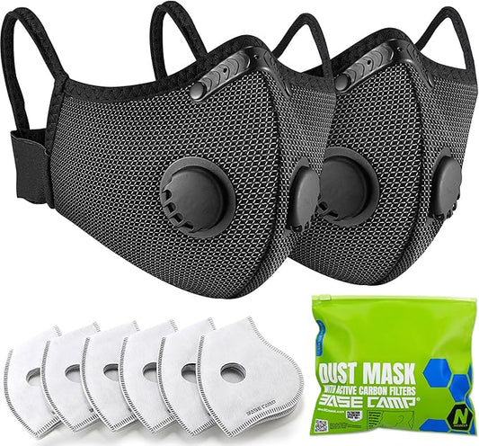 BASE CAMP Upgrade M Plus Mesh Silver and Black Dust Mask, Breathable Reusable Dust Face Mask with Valves and 6 Activated Carbon Filters (2 Silver)