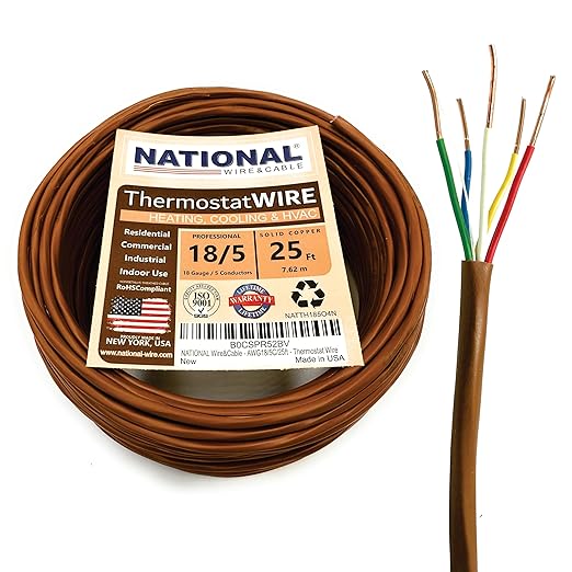 18/5 25Ft. NATIONAL Wire&Cable Thermostat Doorbell HVAC Heating Control Professional Cable Wire - Made in USA - 100% Solid Copper Conductors, CL2 ETL Listed, Low Voltage Applications Use