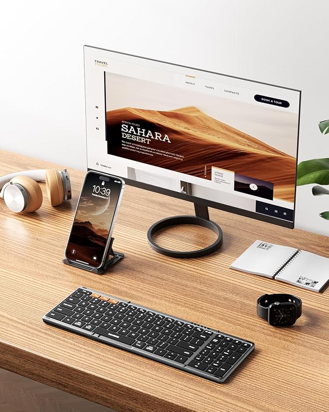 Samsers Foldable Bluetooth Keyboard with Numeric Keypad, Full-Size Wireless Folding PU Leather, Portable Travel for iOS Android Windows Mac OS, Support 3 Device(BT5.1 x 3)