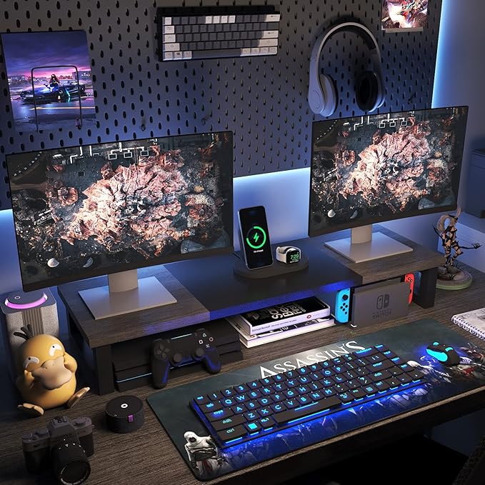 WESTREE Dual Monitor Stand Riser, Wood and Steel Monitor Stand Riser, Computer Monitor Stand for 2 Monitors, Multi-Purpose Desktop Storage Stand for Computer,Laptop,Printer,TV