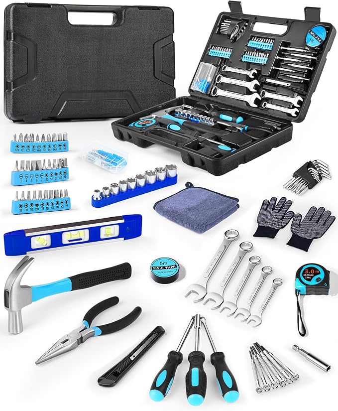 Essential Man's Small Tool Box Kit for House, New Home Toolbox Socket Wrench Set, Mini Men's Car Mechanic Pliers Hammer Toolset, Home Repair Basic Car Body Tool (Tool Kit - Blue)