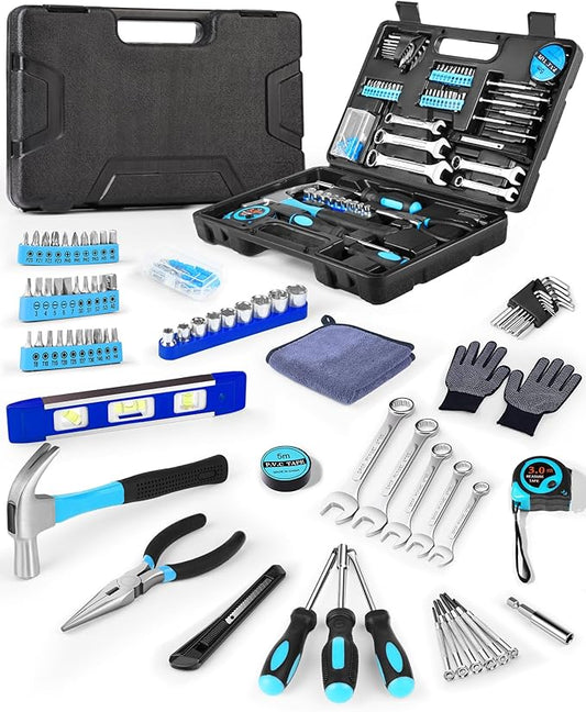 Essential Man's Small Tool Box Kit for House, New Home Toolbox Socket Wrench Set, Mini Men's Car Mechanic Pliers Hammer Toolset, Home Repair Basic Car Body Tool (Tool Kit - Blue)