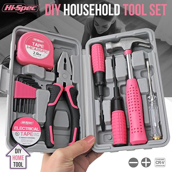 Hi-Spec 13pc Pink Small Compact Womens Ladies Hand Mini Tool Kit Set for Home & Office DIY. Household Basic Repairs in a Portable Toolbox Case