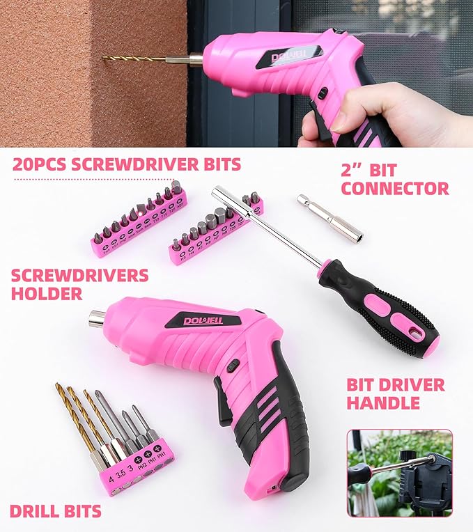 DOWELL 116Pcs Pink Tool Kit with 3.6V USB Cordless Screwdriver, Small Drill Set for Women, Girls