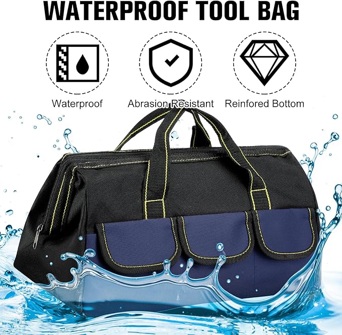 Sanwuta 3 Pack Tool Bag for Men with Waterproof Hard Bottom, Heavy Duty Tool Bag Wide Mouth Tote for Various Instrument, Electrician Carpenter Mechanic(16 Inch,Black Red, Blue, Yellow)
