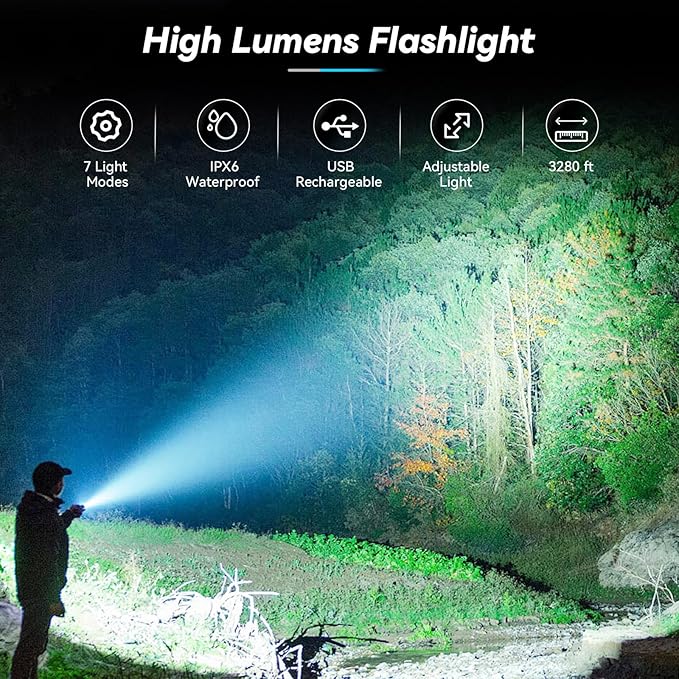 Rechargeable Flashlight, 99,000 Lumens Super Bright Flash Light, 7 Modes with COB Work Light, IPX6 Waterproof, Powerful Handheld LED Flashlights for Camping, Hiking