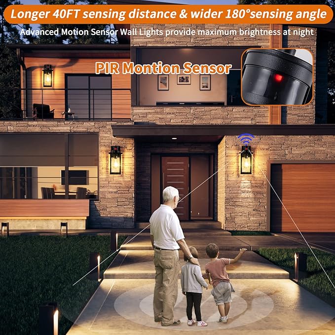 2 Pack Motion Sensor Outdoor Wall Lights Dusk to Dawn Outdoor Wall Lantern Porch Lights Outdoor Wall, Matte Black Wall Mount Vintage Outdoor Garage Lights Exterior Patio Wall Light Fixtures