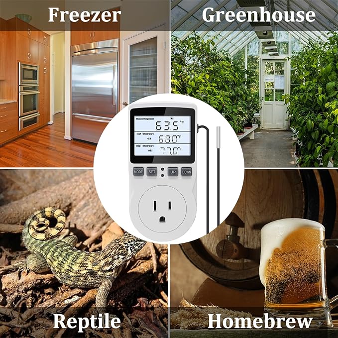 Digital Temperature Controller Thermostat Outlet Plug 120V with LCD Backlight, Heating Cooling Temperature Controlled Outlet 110V 15A with 3m Sensor