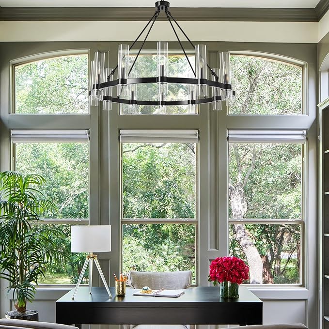 43 Inch Black Wagon Wheel Chandelier, 12 Lights with Glass Shades Light Fixtures, Large Modern Farmhouse Pendant Light for Dining Room, Living Room, Kitchen, Foyer, High Ceilings