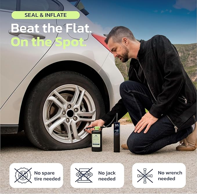 Tire Inflator Portable Air Compressor for Car, Bike, Motorcycle, SUV, Offroad & Truck - Fast Car Pump, 150 PSI, Cordless 12V DC, LED Display Emergency Light Woowind (Ventus pro + Tire sealant)