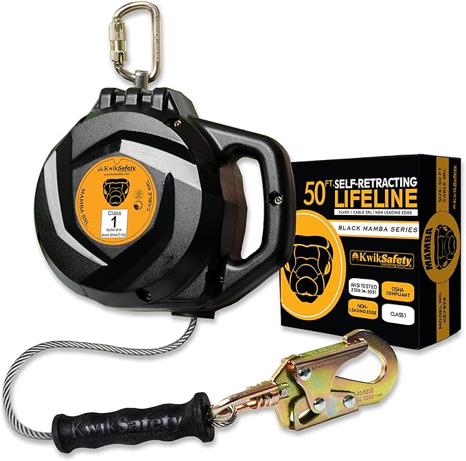 KwikSafety - Charlotte, NC - Mamba 50’ Self Retracting Lifeline [Carbonate + Integrated Handle] Class 1 Cable SRL ANSI OSHA Retractable Fall Arrest Safety Roofing Construction Gear
