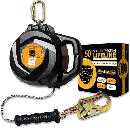 KwikSafety - Charlotte, NC - Mamba 50’ Self Retracting Lifeline [Carbonate + Integrated Handle] Class 1 Cable SRL ANSI OSHA Retractable Fall Arrest Safety Roofing Construction Gear