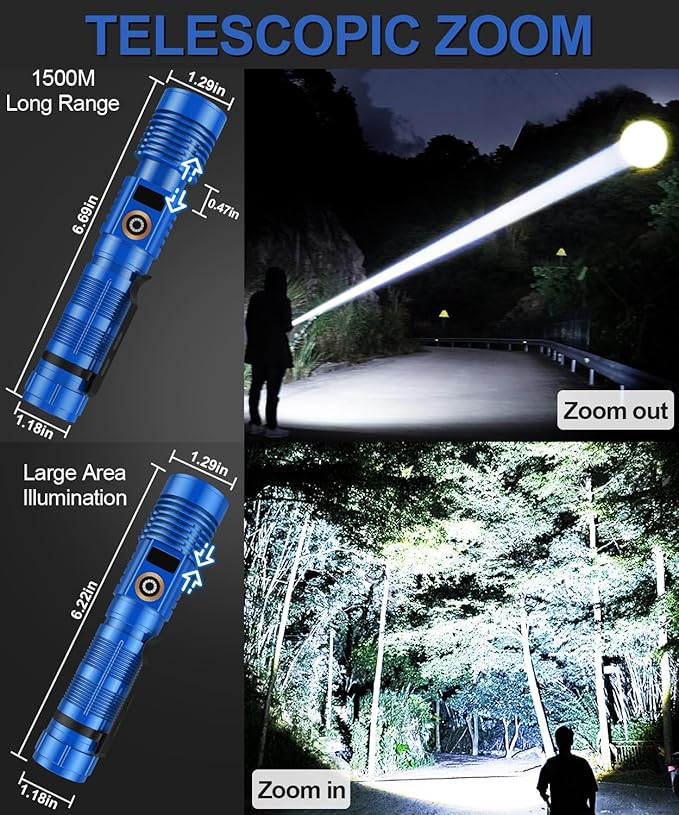 Rechargeable Flashlight High Lumens- Super Bright Magnetic Flash Light with Power Digital Display, Long Range,Dimmable,Waterproof,Pocket Tactical LED Flashlights for Emergency, Blue, 1PC