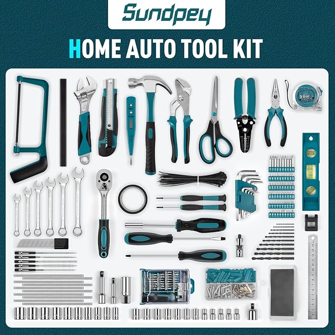 Sundpey 379-PCs Home Tool Kit - Portable Complete Household and Auto Repair Tool Set - Hand General Basic Tool Box Storage Case with Drawer - Full Basic Toolkit for Handyman & Diyer & Homeowner